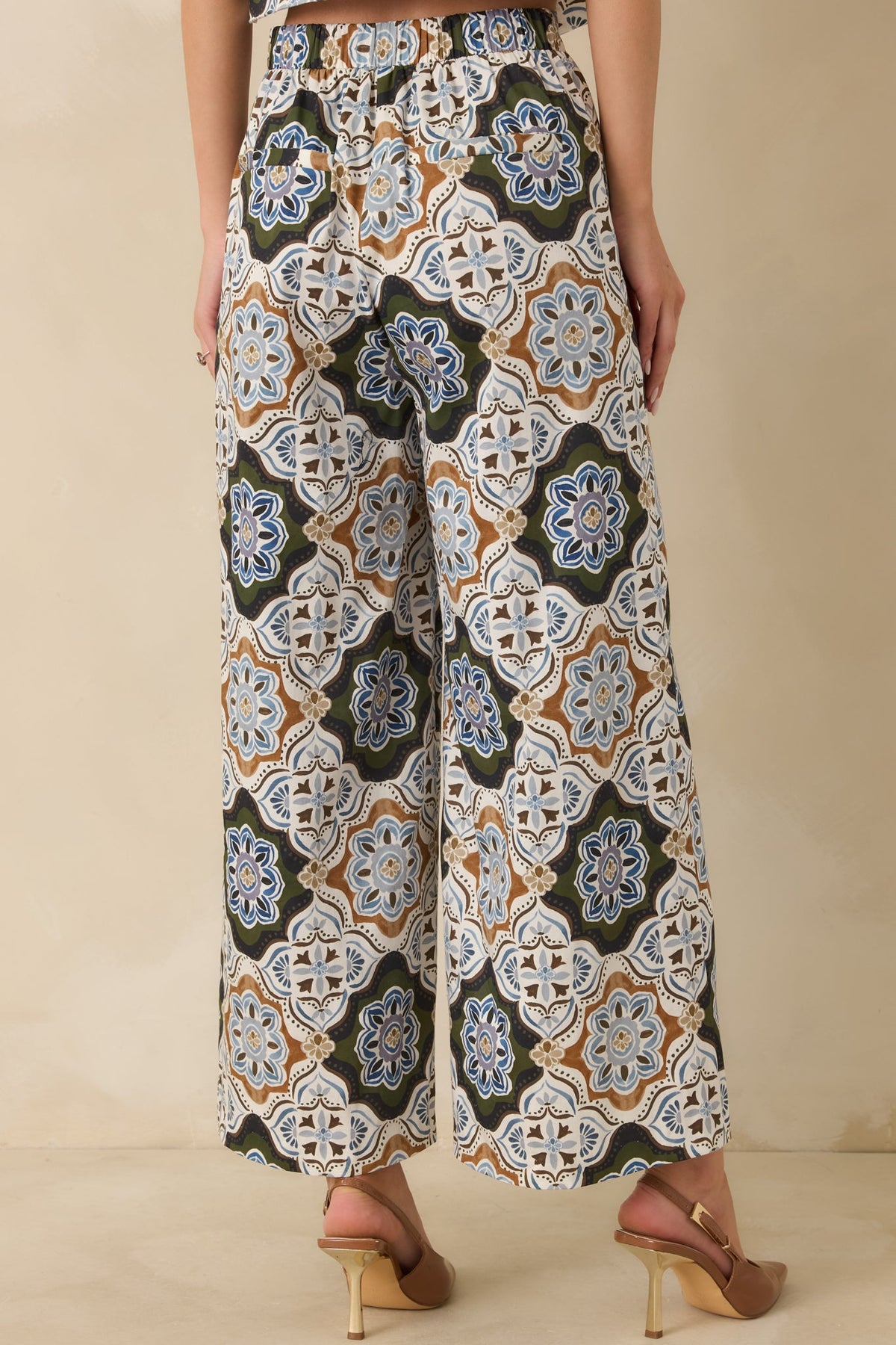 Prosperina Barrett Olive Multi Medallion Print Cropped Wide Leg Pants