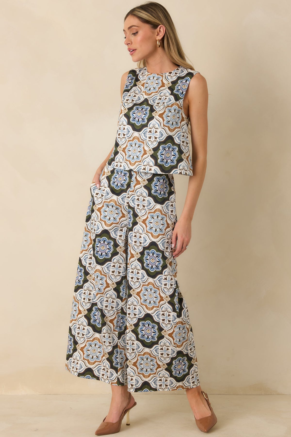 Prosperina Barrett Olive Multi Medallion Print Cropped Wide Leg Pants