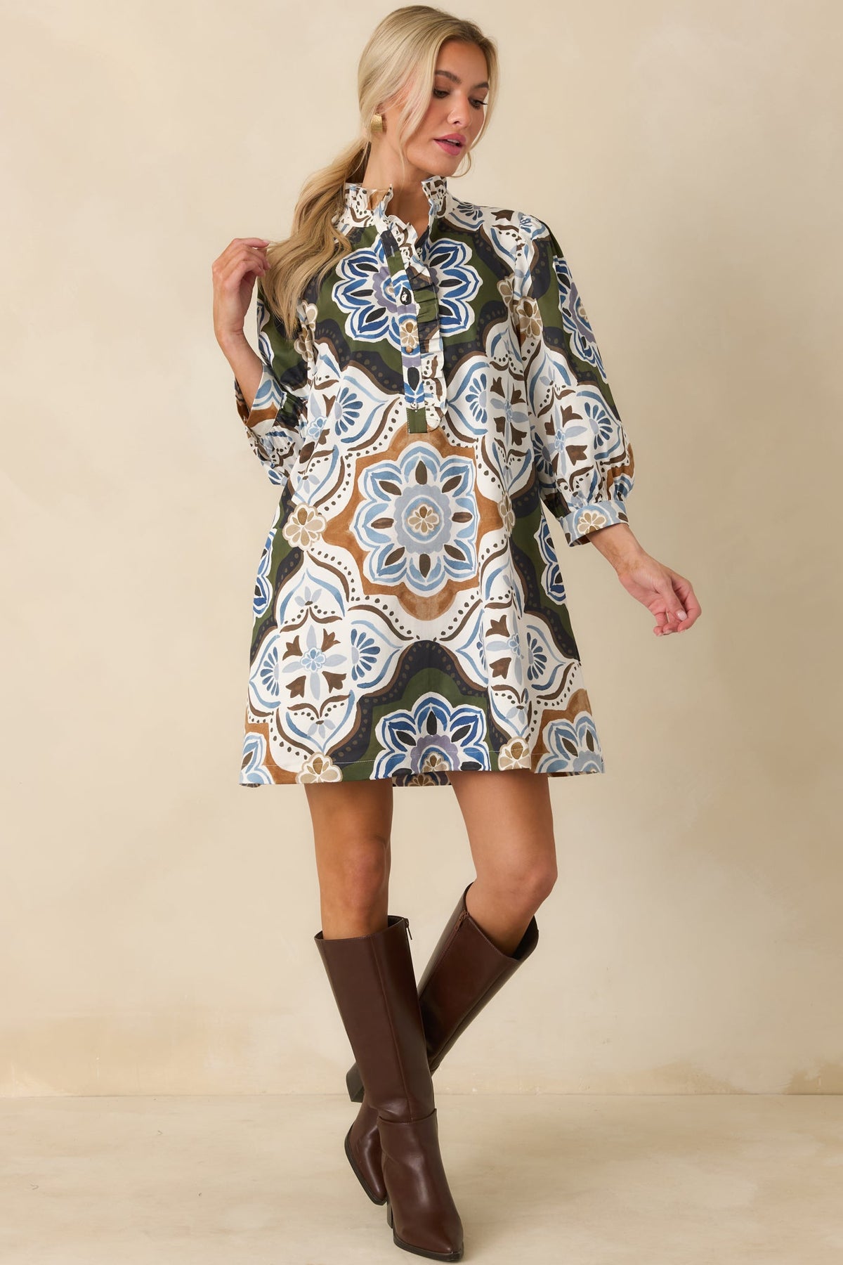 Prosperina Maren Olive Multi Medallion Print Cotton Mini Dress