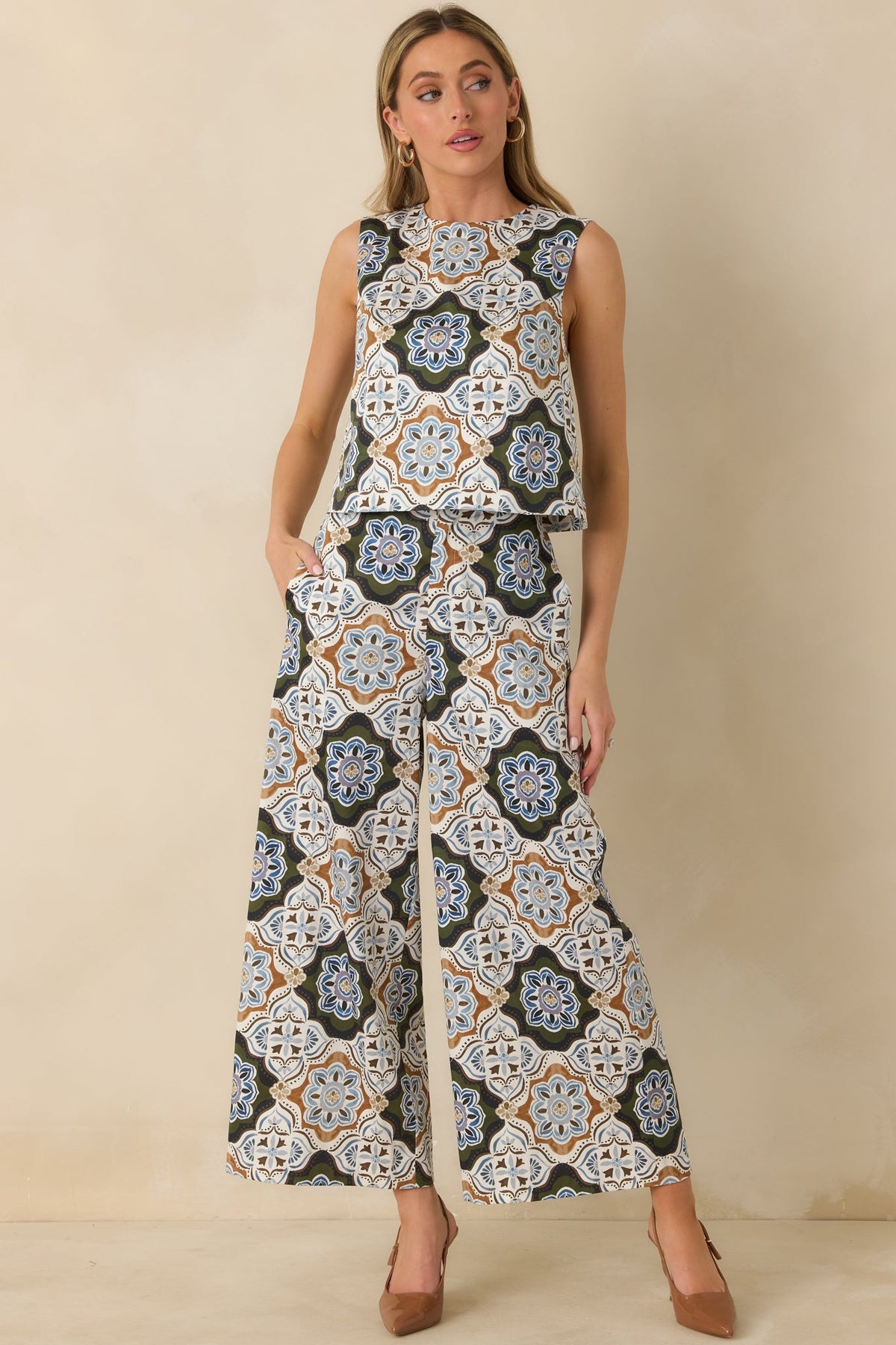 Prosperina Barrett Olive Multi Medallion Print Cropped Wide Leg Pants