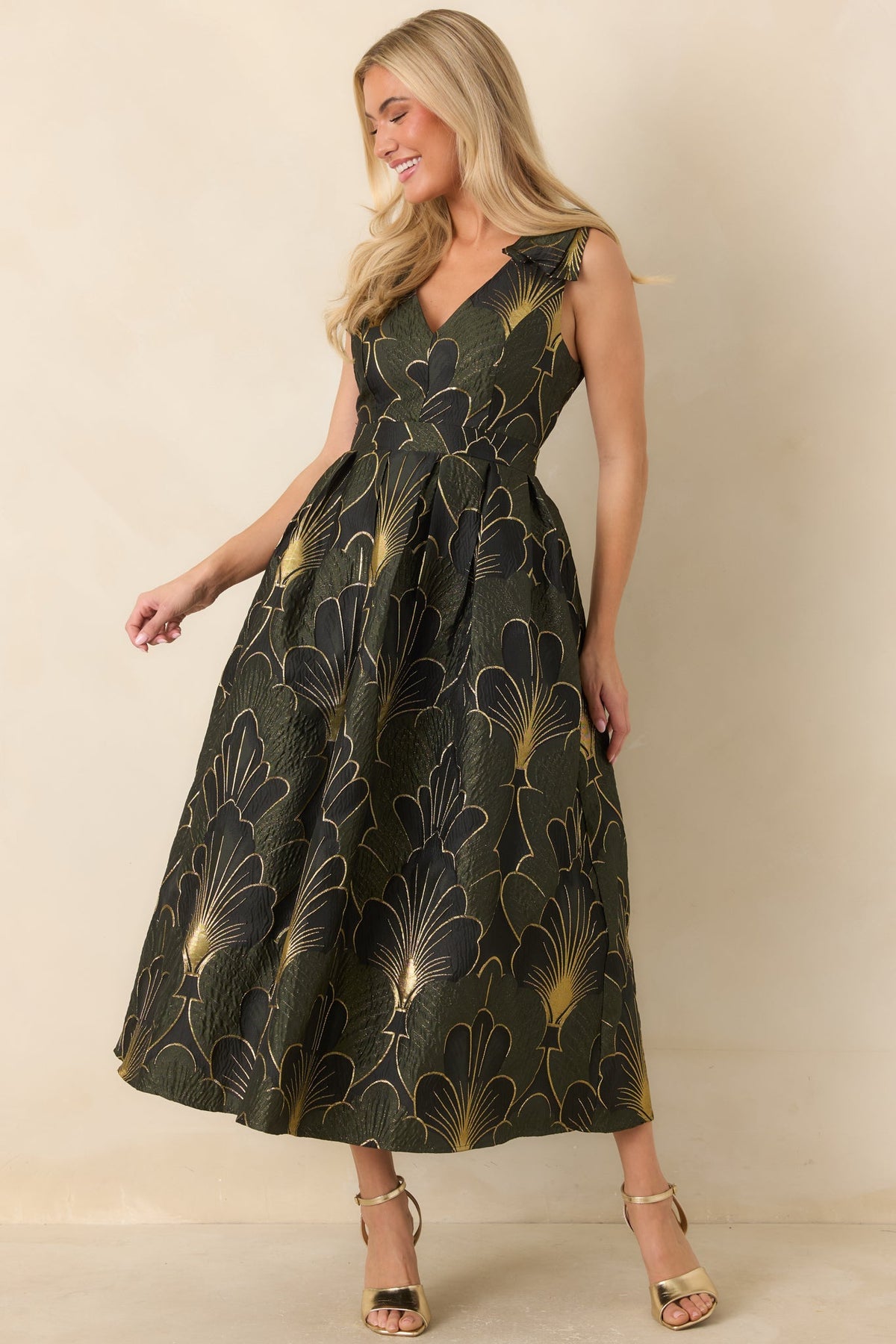 In Rather Grand Fashion Olive & Gold Floral Jacquard Midi Dress