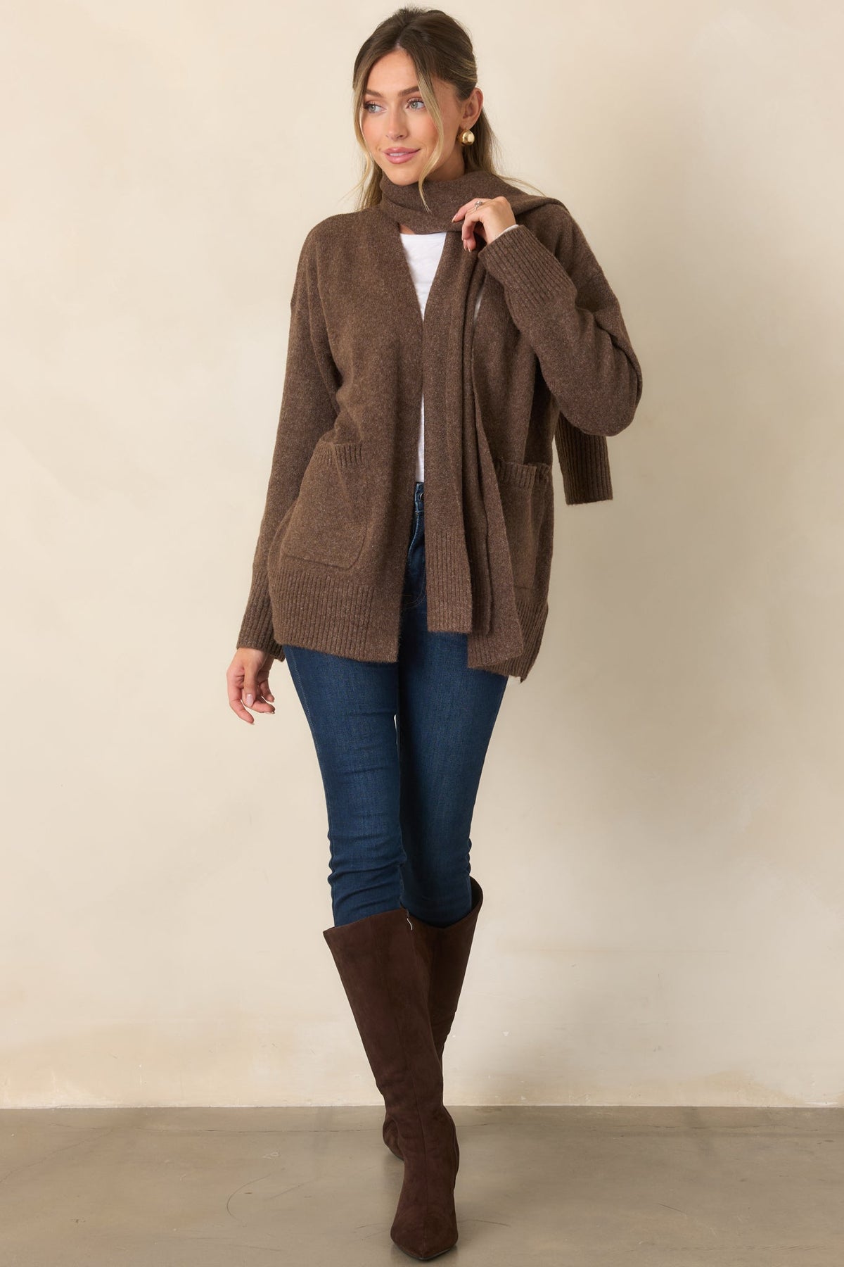 A Well-Knit Plan Dark Mocha Knit Cardigan & Scarf Set