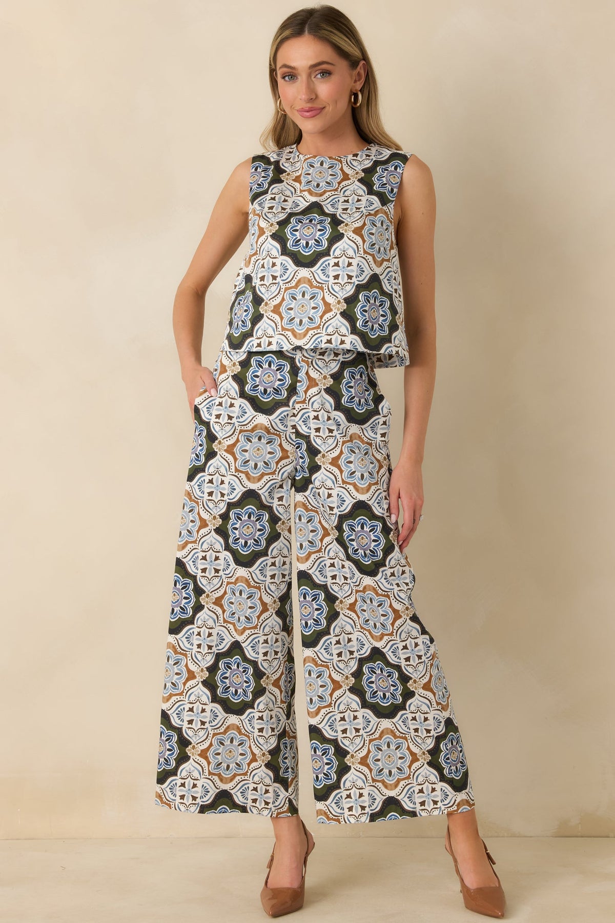 Prosperina Barrett Olive Multi Medallion Print Cropped Wide Leg Pants