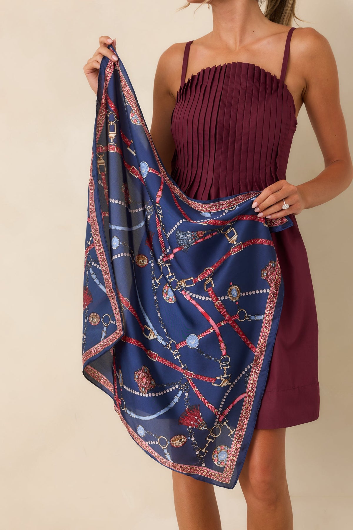 Every Which Way Navy Multi Chain & Ornament Satin Scarf