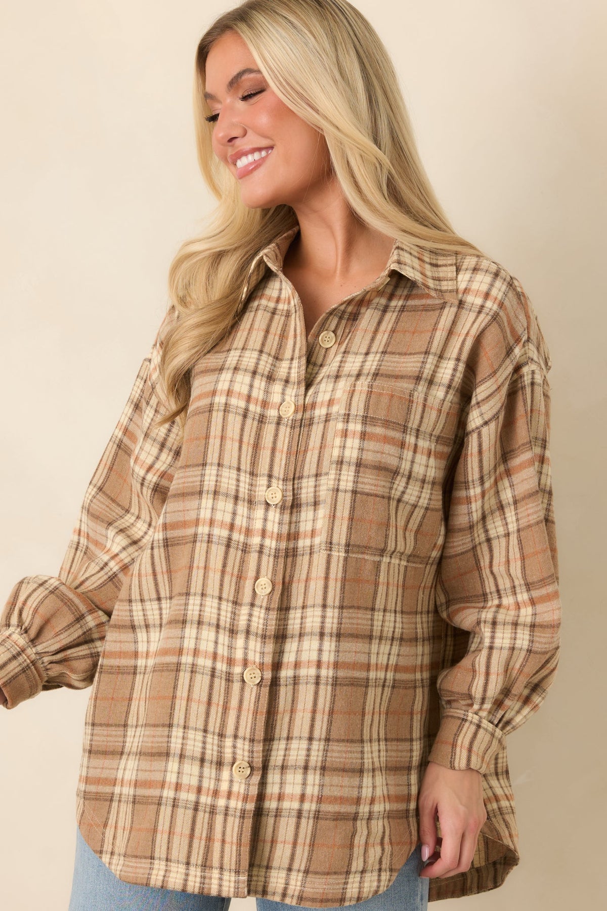 I’ll Put the Coffee On Beige Plaid Cotton Button Front Shirt