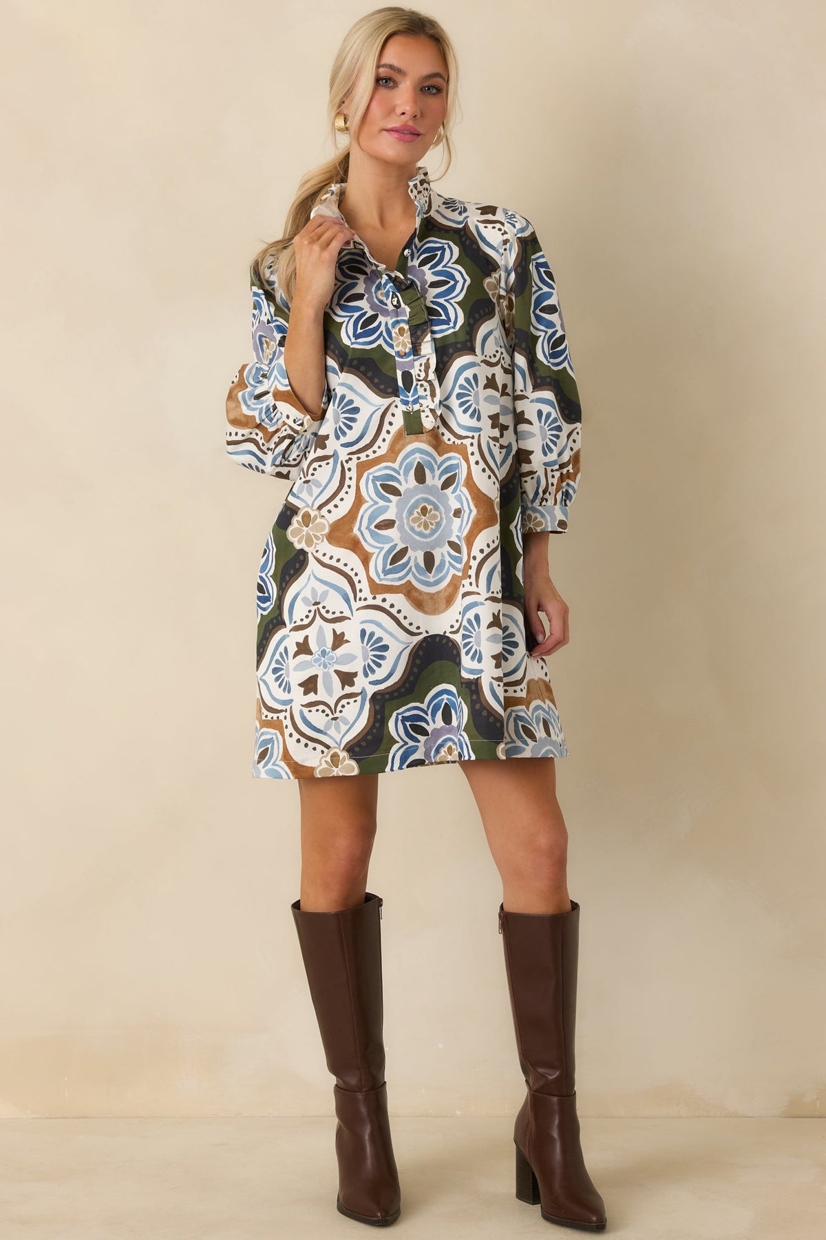Prosperina Maren Olive Multi Medallion Print Cotton Mini Dress