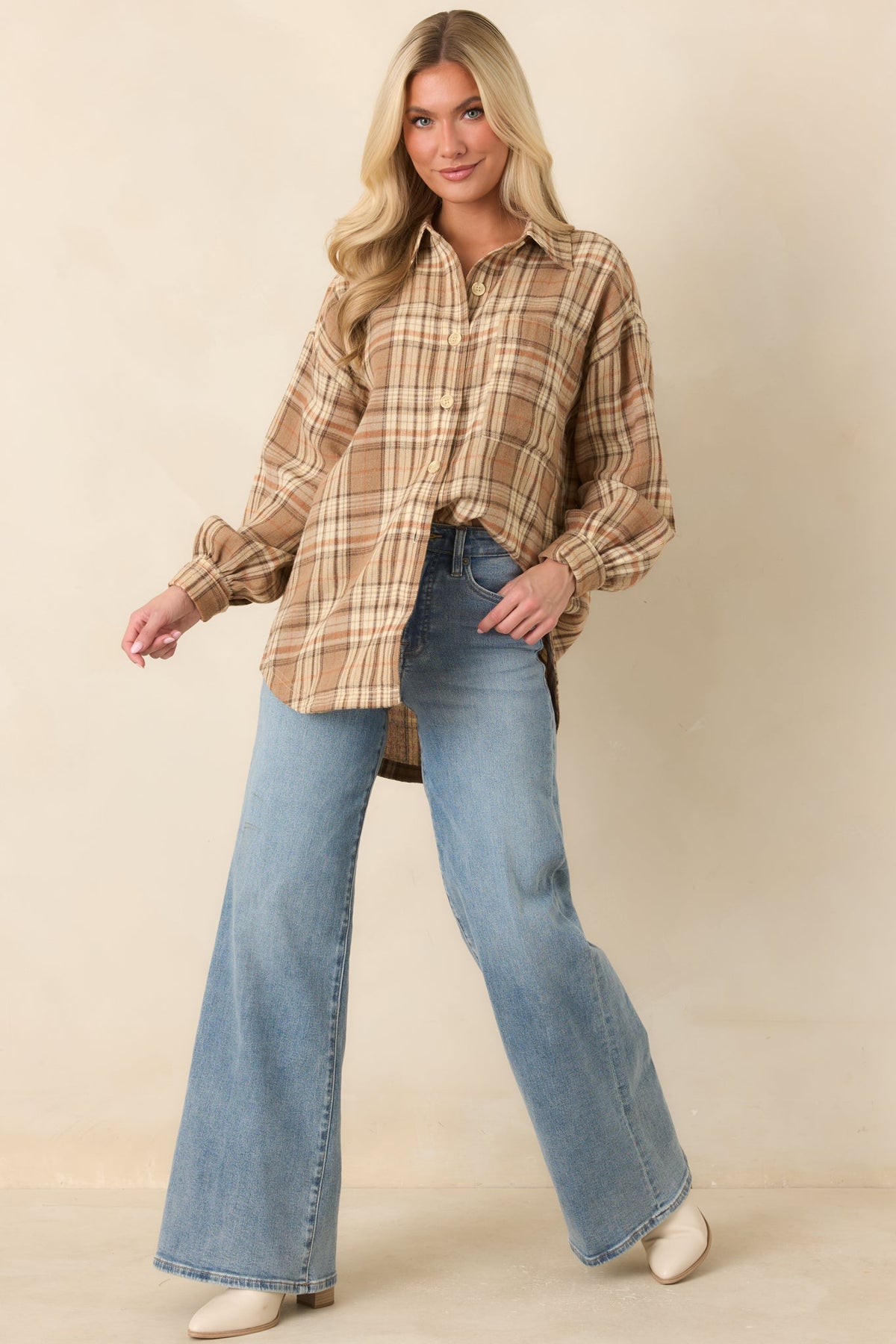 I’ll Put the Coffee On Beige Plaid Cotton Button Front Shirt