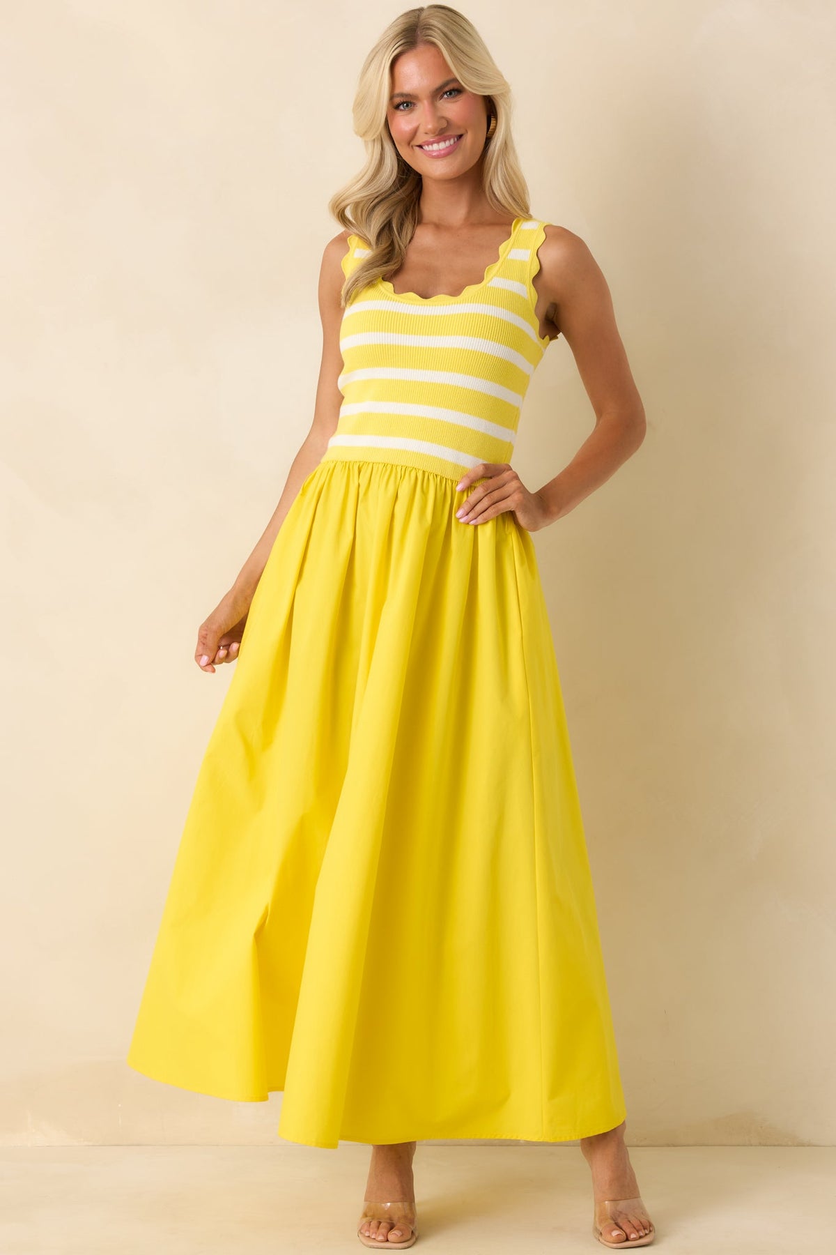 Prosperina Greer Sunshine Yellow Stripe Cotton Midi Dress