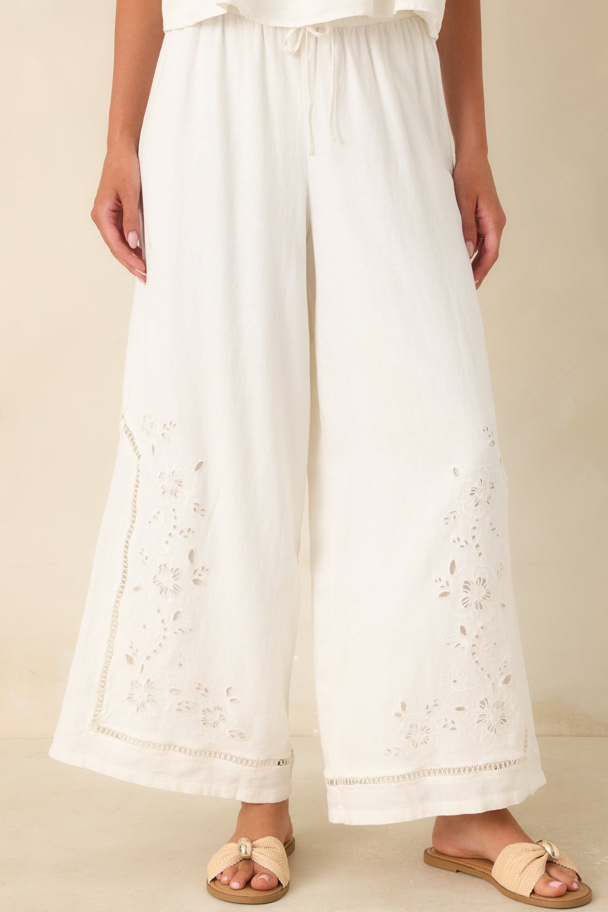 Z Supply Sid White Linen Blend Embroidered Woven Pants