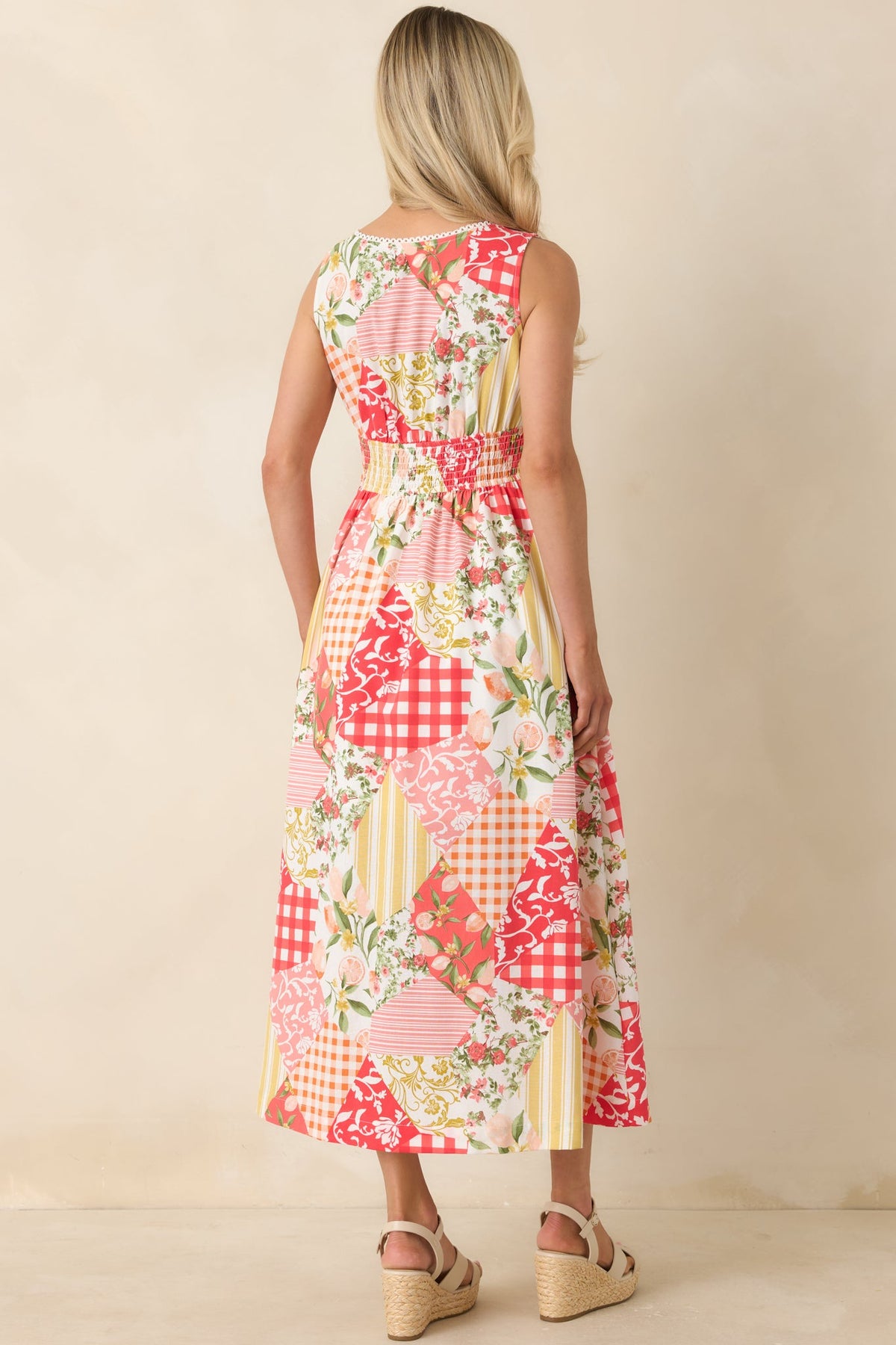Sweet on Sunshine Red Multi Patchwork Print Midi Dress