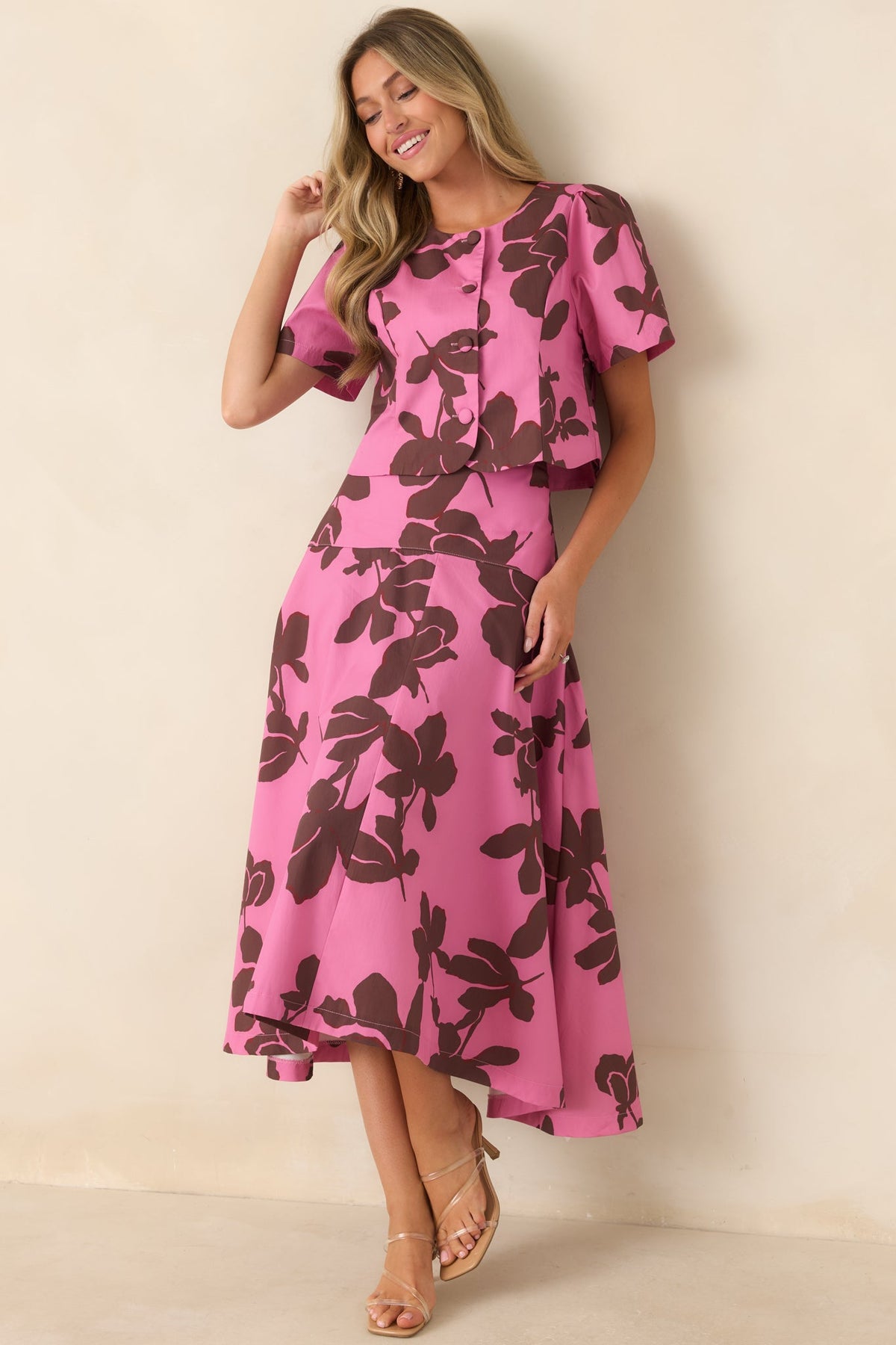 Worth Making Plans For Pink & Brown Floral Cotton Button Front Top