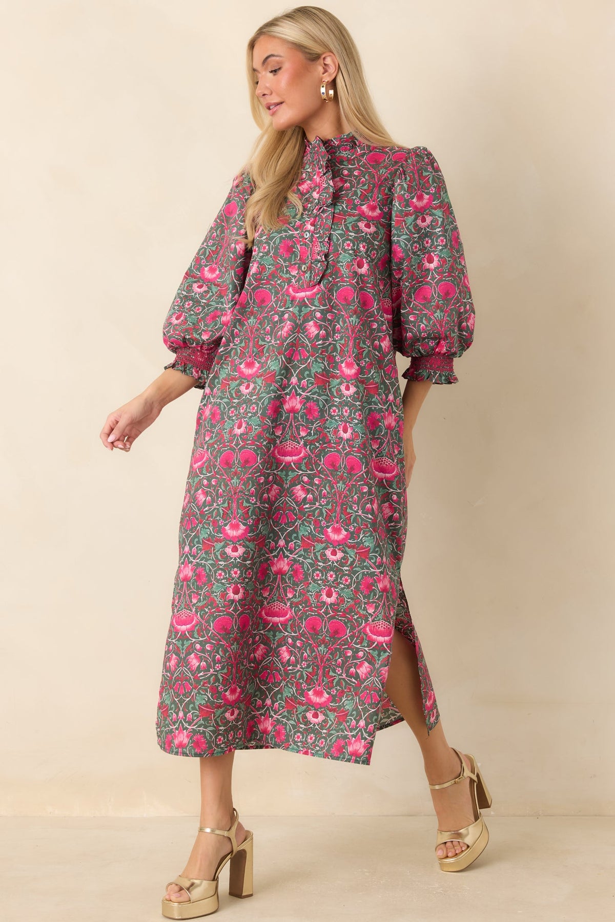 Lovely to See You Pink & Green Floral Cotton Midi Dress