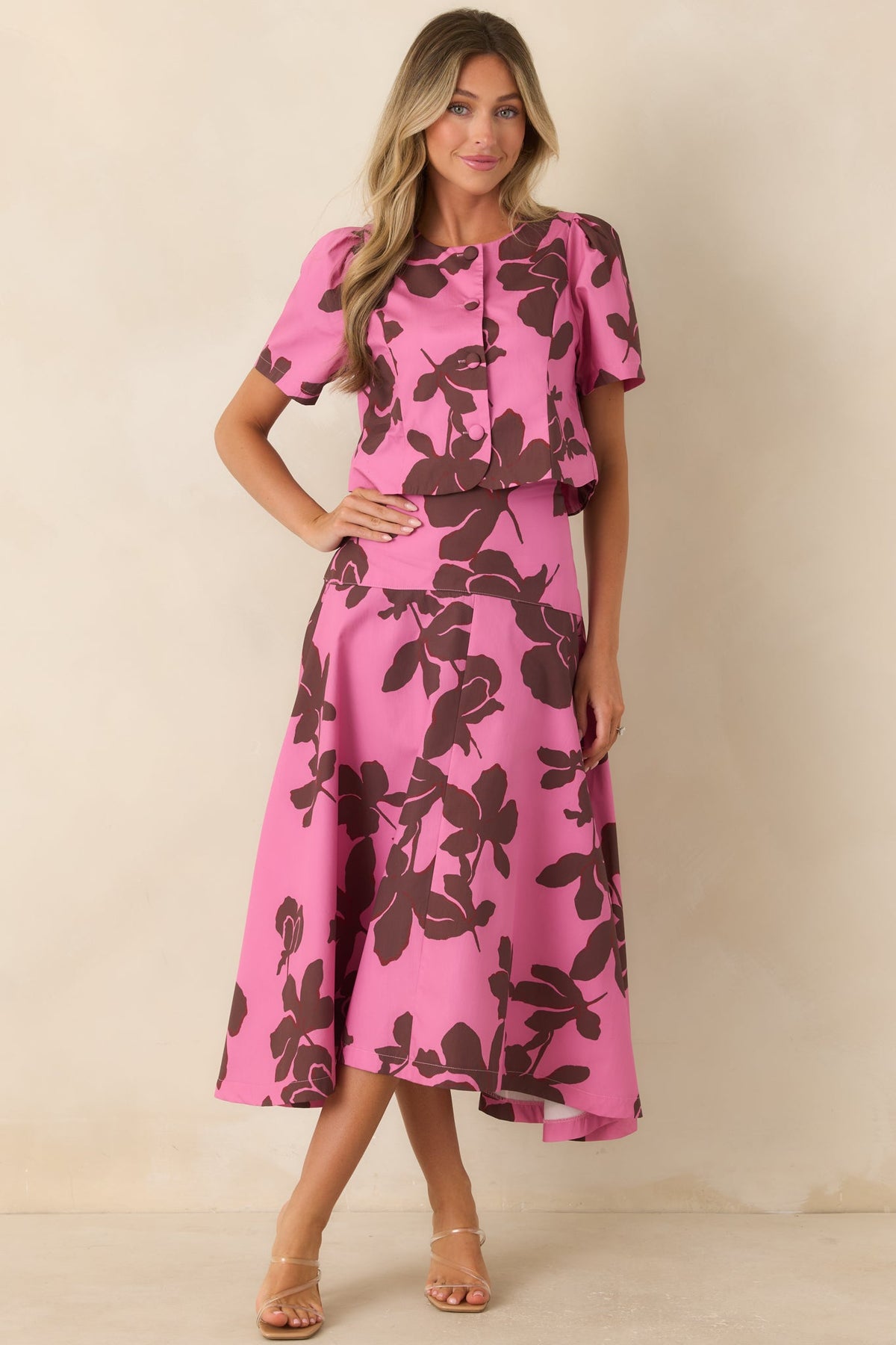 Worth Making Plans For Pink & Brown Floral Cotton Button Front Top