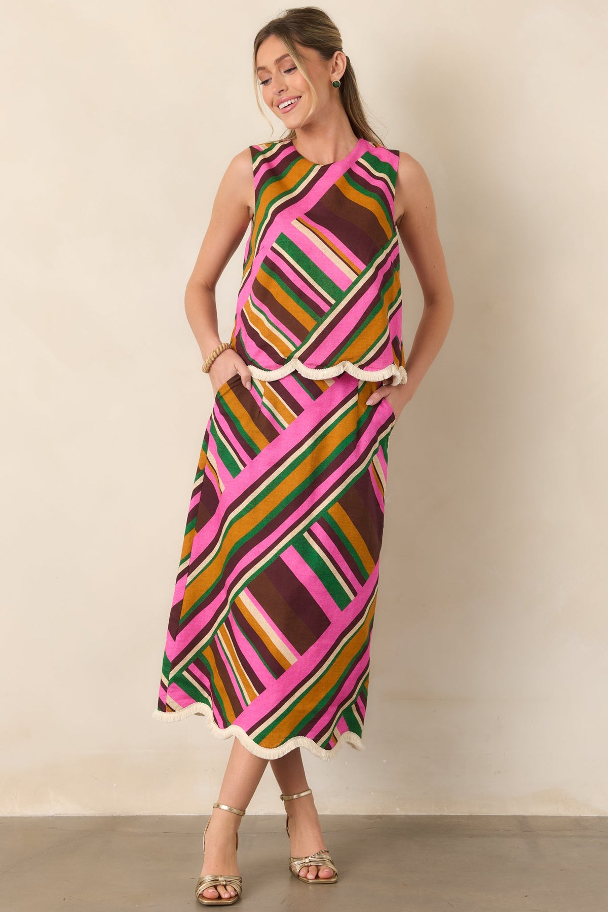 Good for You Pink Multi Geometric Stripe Fringe Trim Top