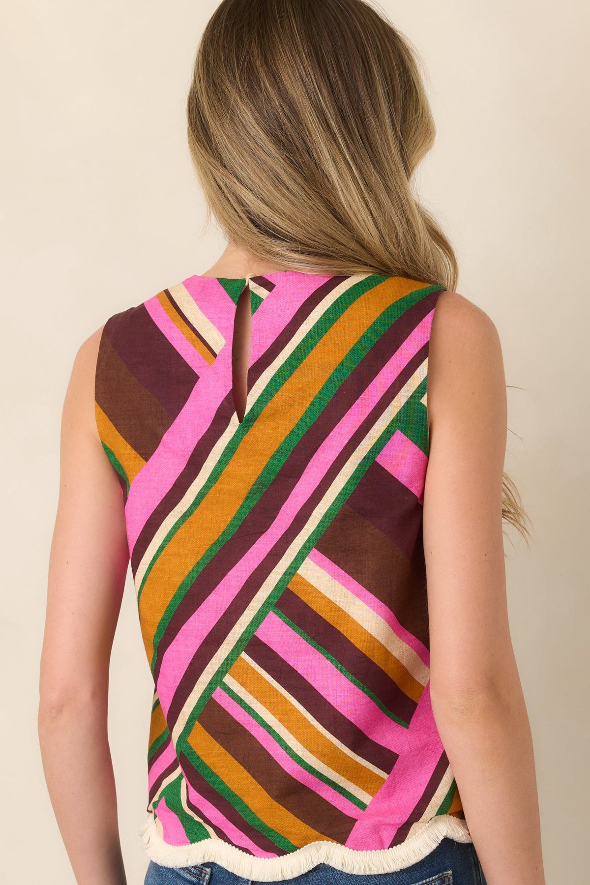 Good for You Pink Multi Geometric Stripe Fringe Trim Top