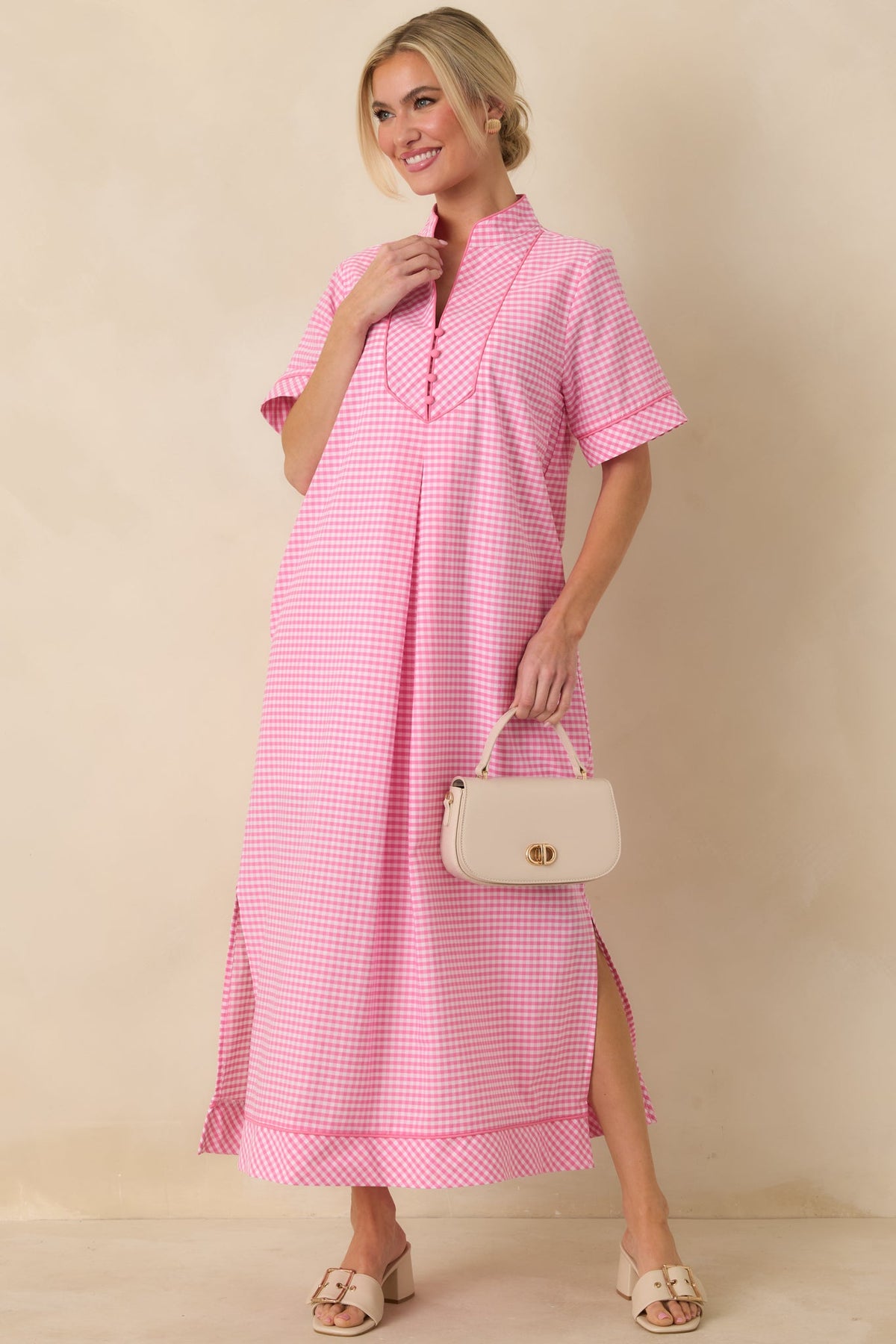 Afternoon Plans Pink Gingham Cotton V-Neck Maxi Dress