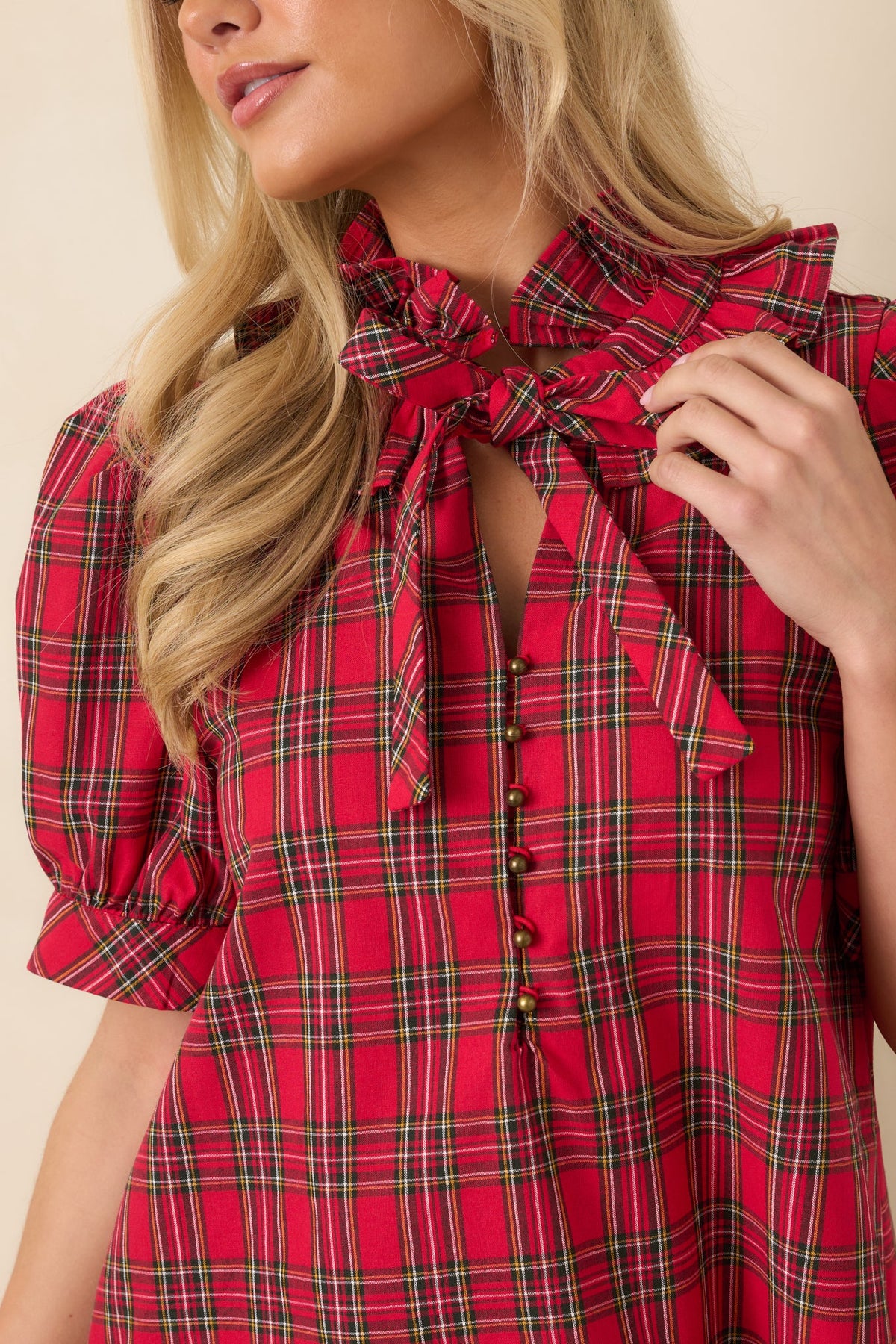 With Everyone Together Red Plaid Cotton Tie Neck Blouse