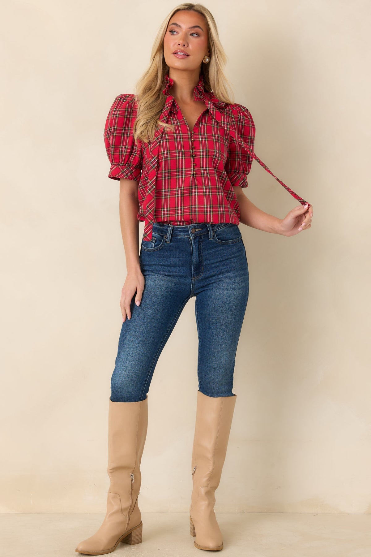 With Everyone Together Red Plaid Cotton Tie Neck Blouse