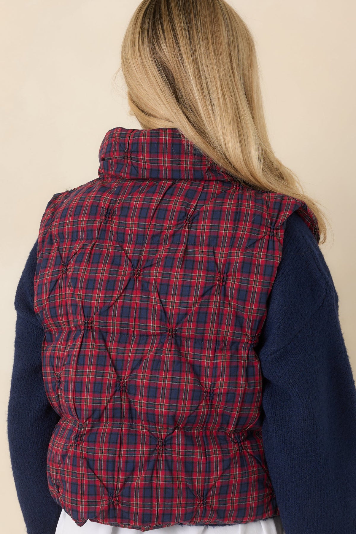 Out for a Little While Red & Navy Plaid Quilted Cotton Vest