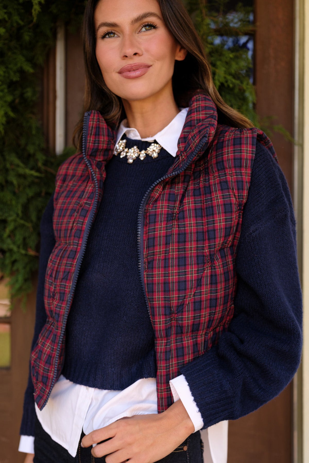 Out for a Little While Red & Navy Plaid Quilted Cotton Vest