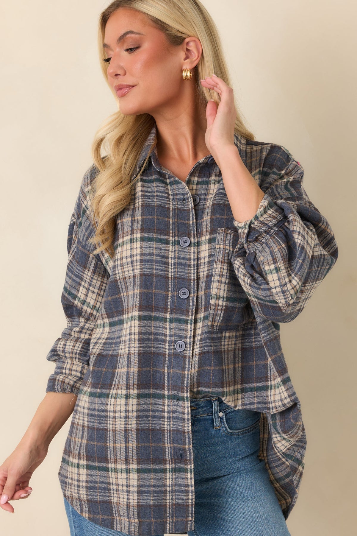 I’ll Put the Coffee On Slate Blue Multi Plaid Cotton Button-Up Shirt