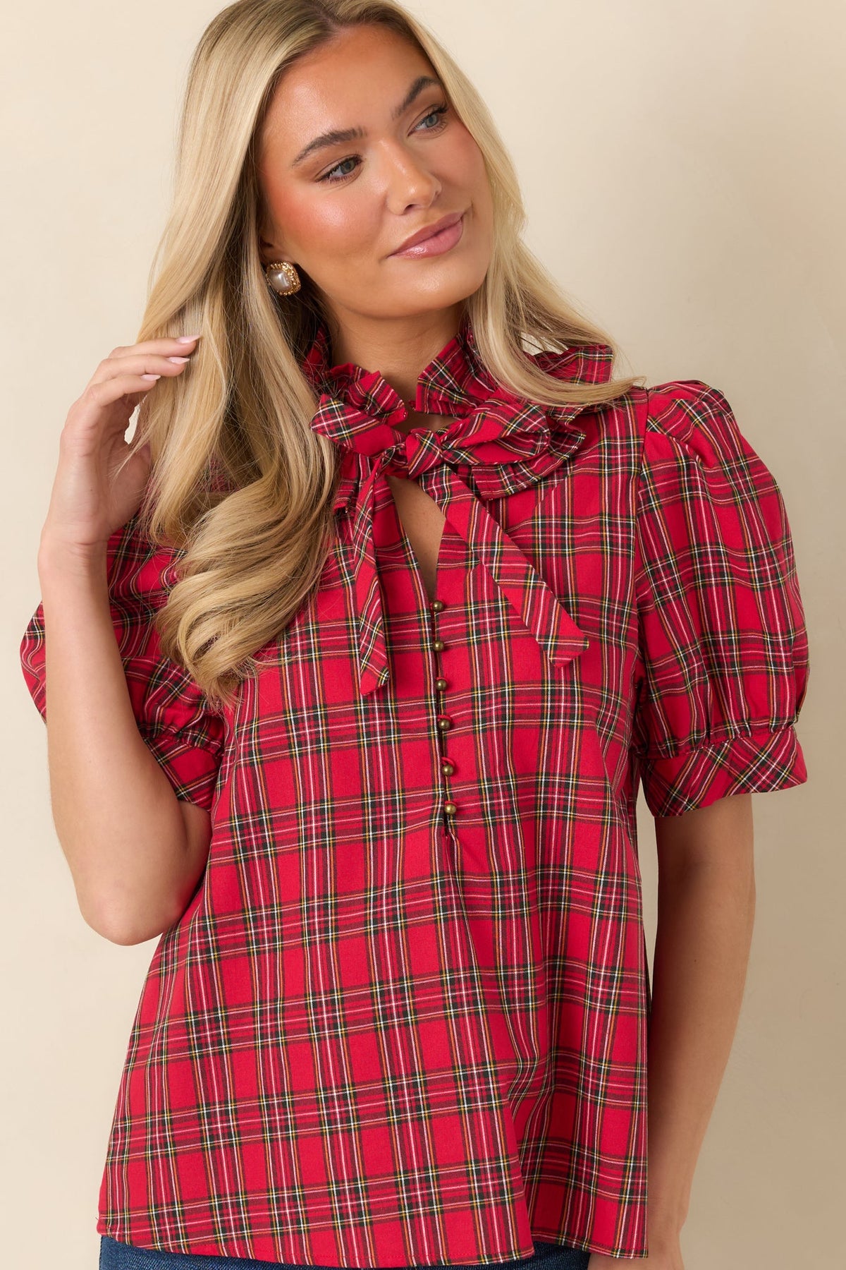With Everyone Together Red Plaid Cotton Tie Neck Blouse