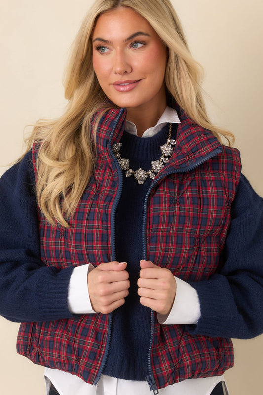 Out for a Little While Red & Navy Plaid Quilted Cotton Vest