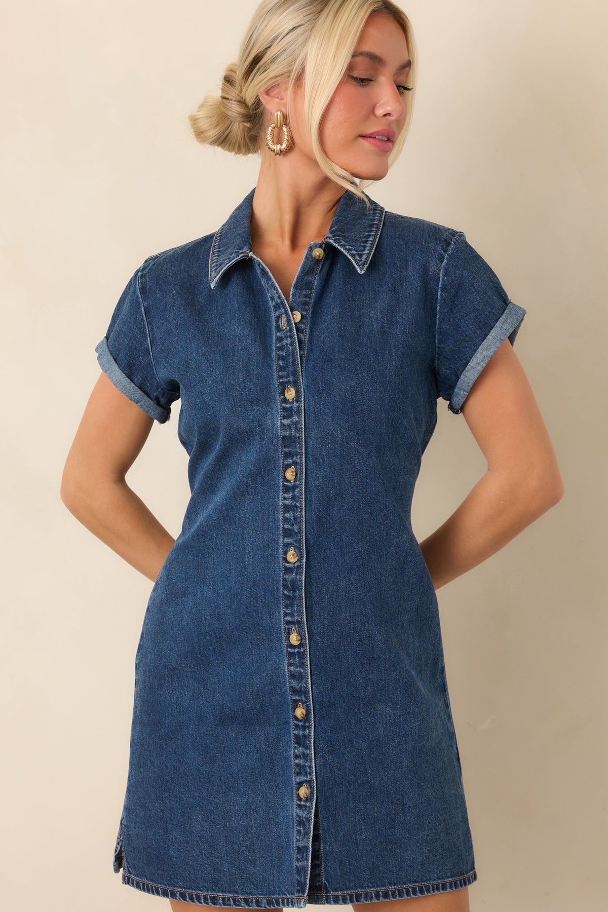 Good American Dark Wash Cotton Denim Polo Mini Dress