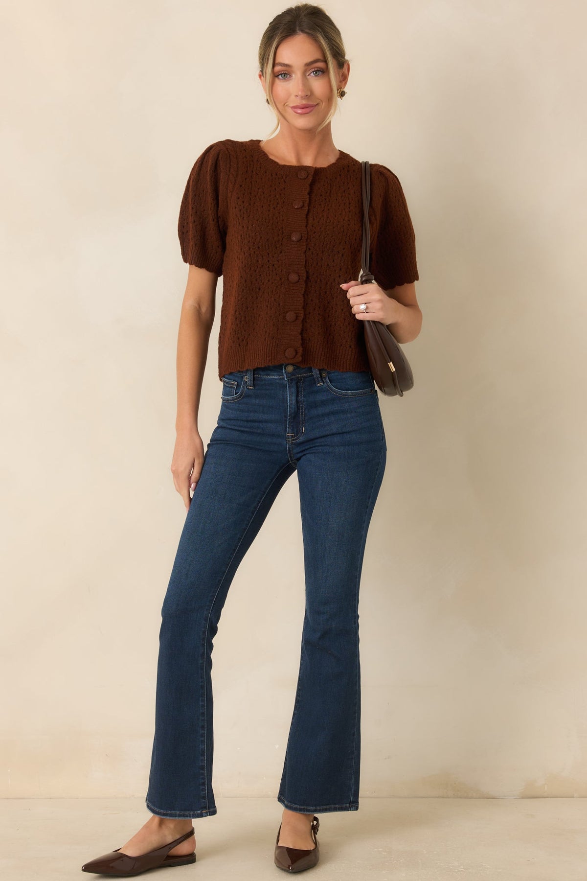 Extra Credit Brown Pointelle Knit Cardigan