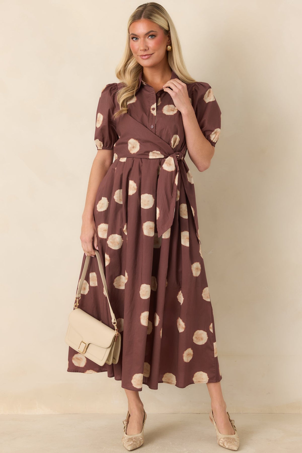 Gather Around Rust Brown Dot Print Cotton Midi Dress