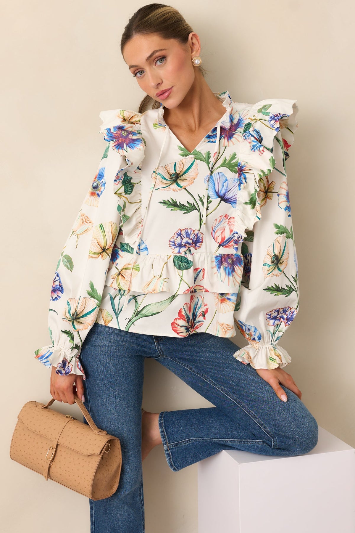 Prosperina Faye Ivory Multi Floral Print Cotton Ruffle Top