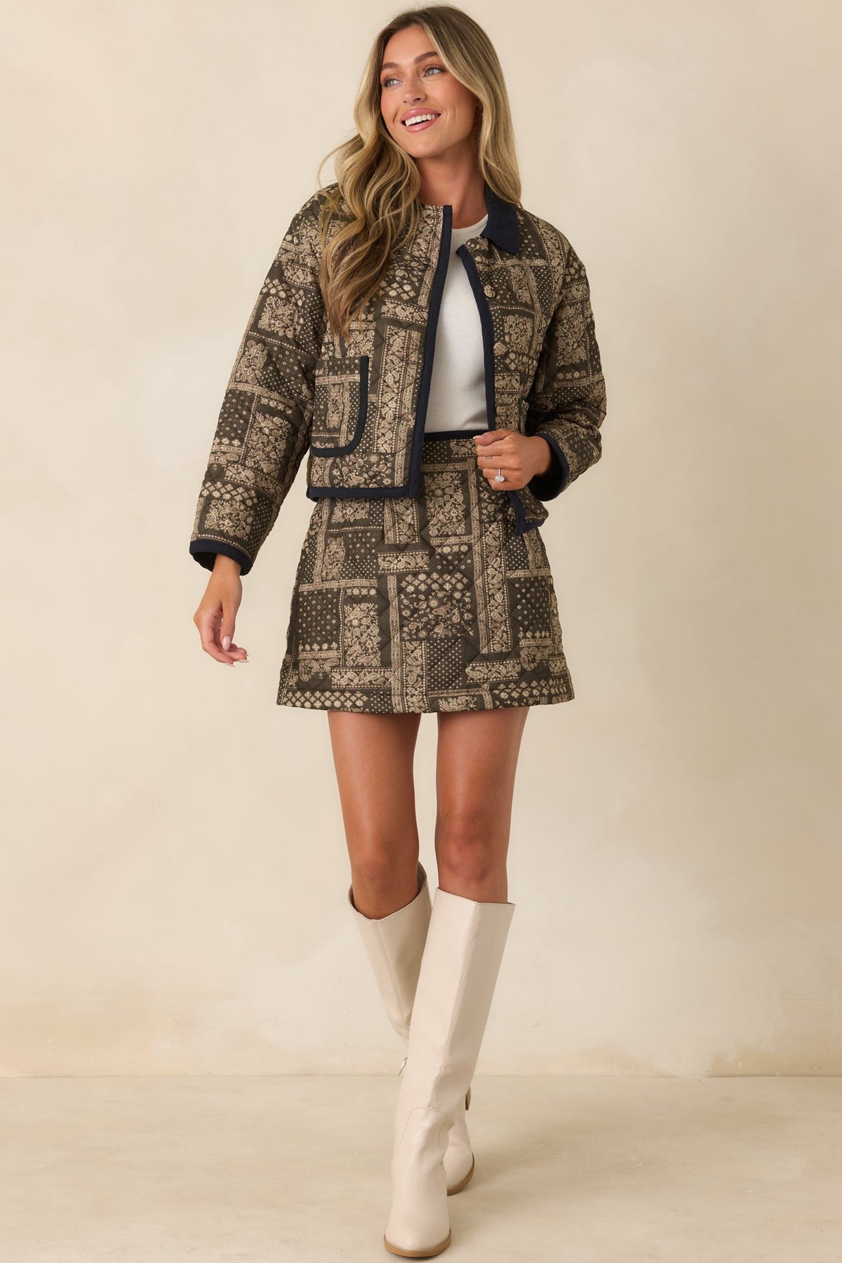 Consider it Covered Moss Green & Ivory Paisley Quilted Mini Skirt