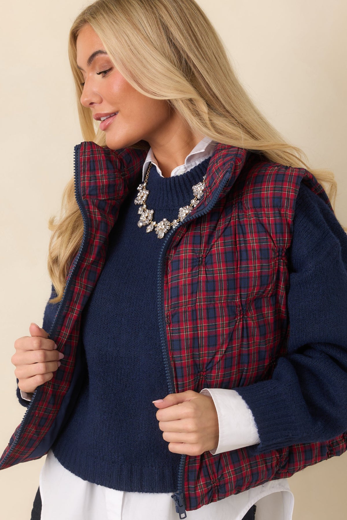 Out for a Little While Red & Navy Plaid Quilted Cotton Vest