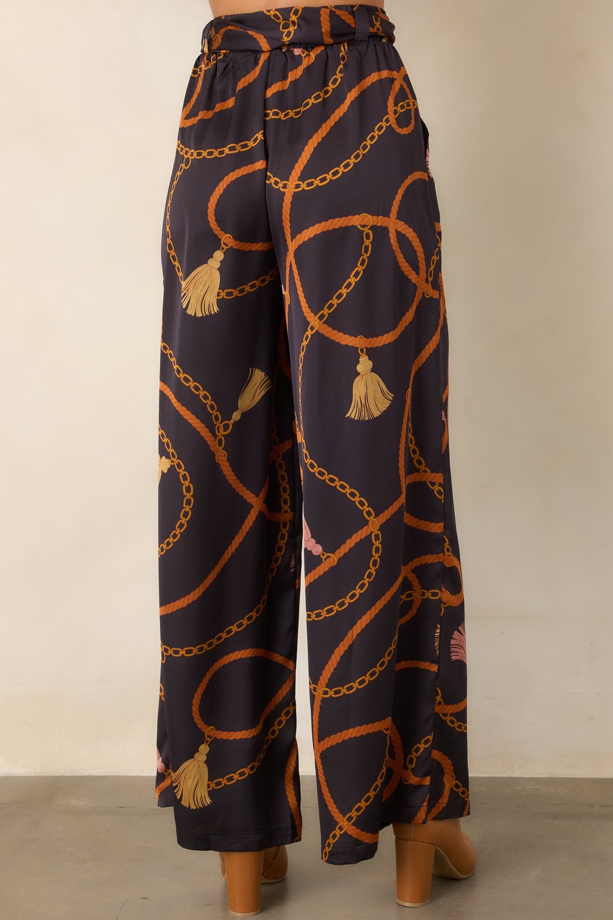 With Regard Black Rope & Tassel Print Satin Wide Leg Pants