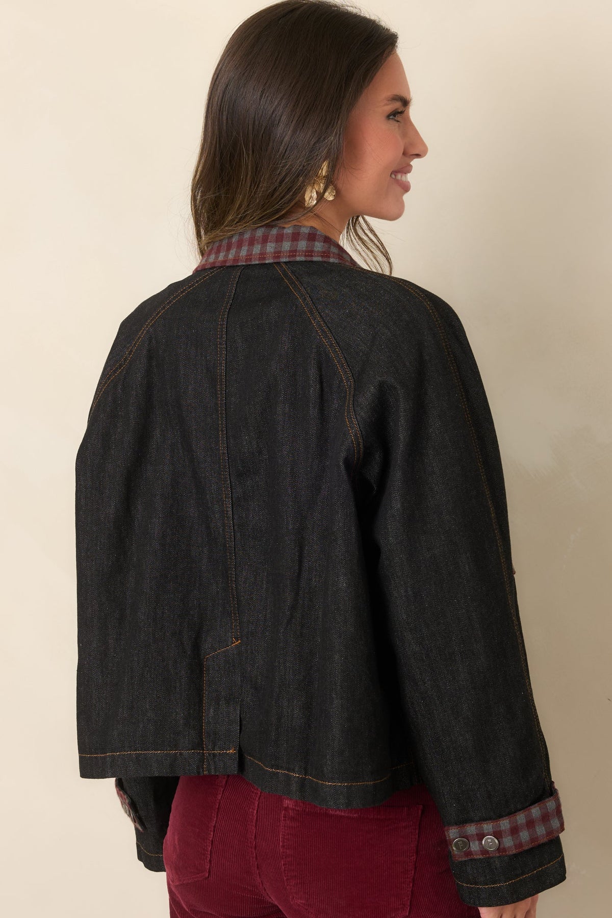 FRNCH Honshu Night Blue Gingham Contrast Denim Jacket