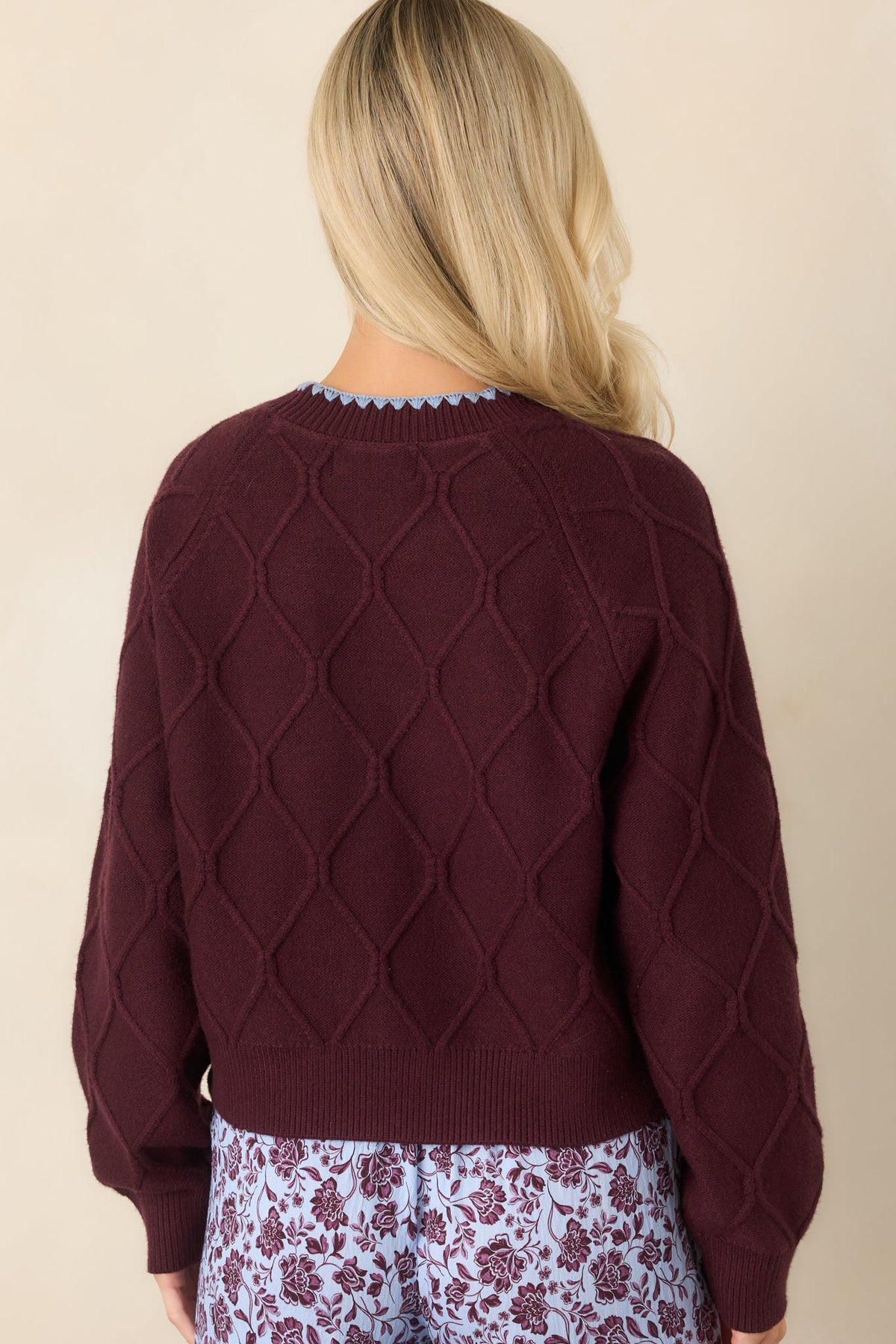 In Blooming Detail Burgundy Floral Textured Sweater