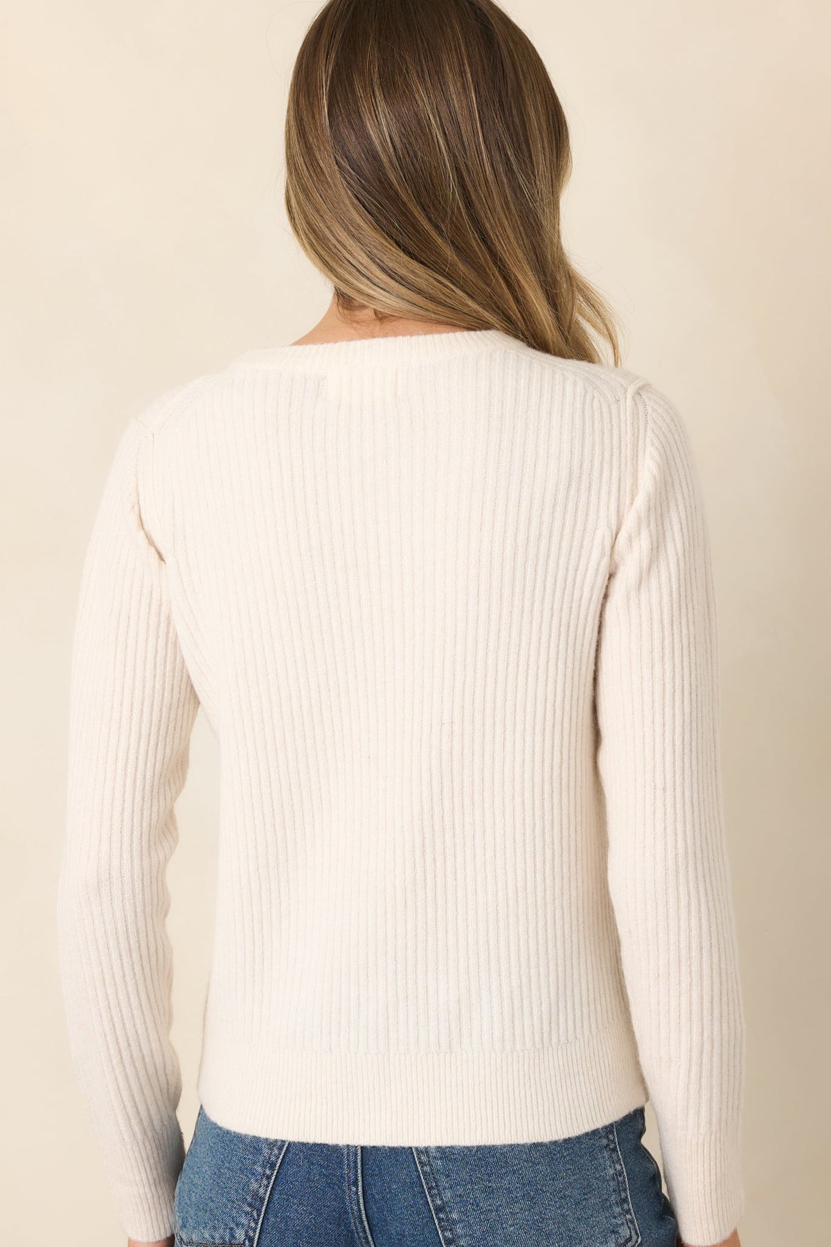 The Usual Plans Ivory Ribbed Crew Neck Sweater