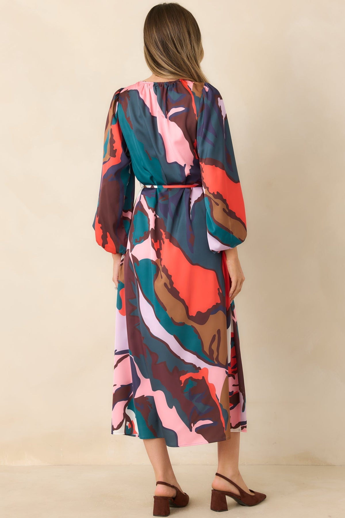 CROSBY Ryker Teal Multi Abstract Leaf Print Belted Midi Dress