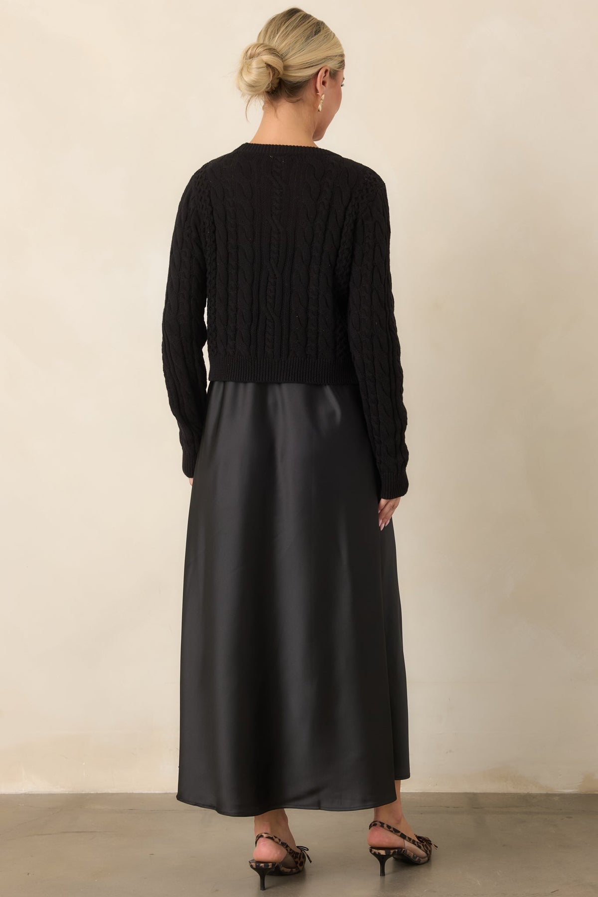 The Perfect Pairing Black Cable Knit Sweater & Satin Maxi Dress Set