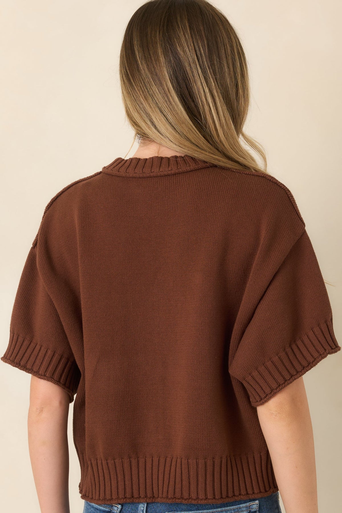 Right at Home Brown Cotton Short Sleeve Rib Trim Sweater