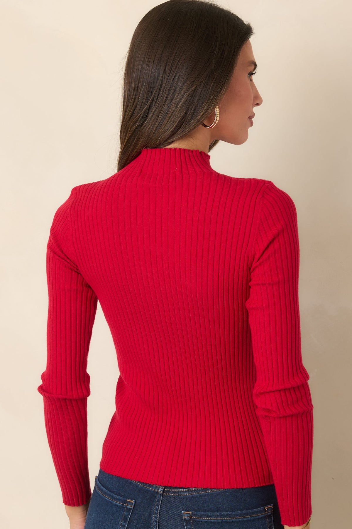 Astrid River Red Ribbed Knit Mock Neck Top