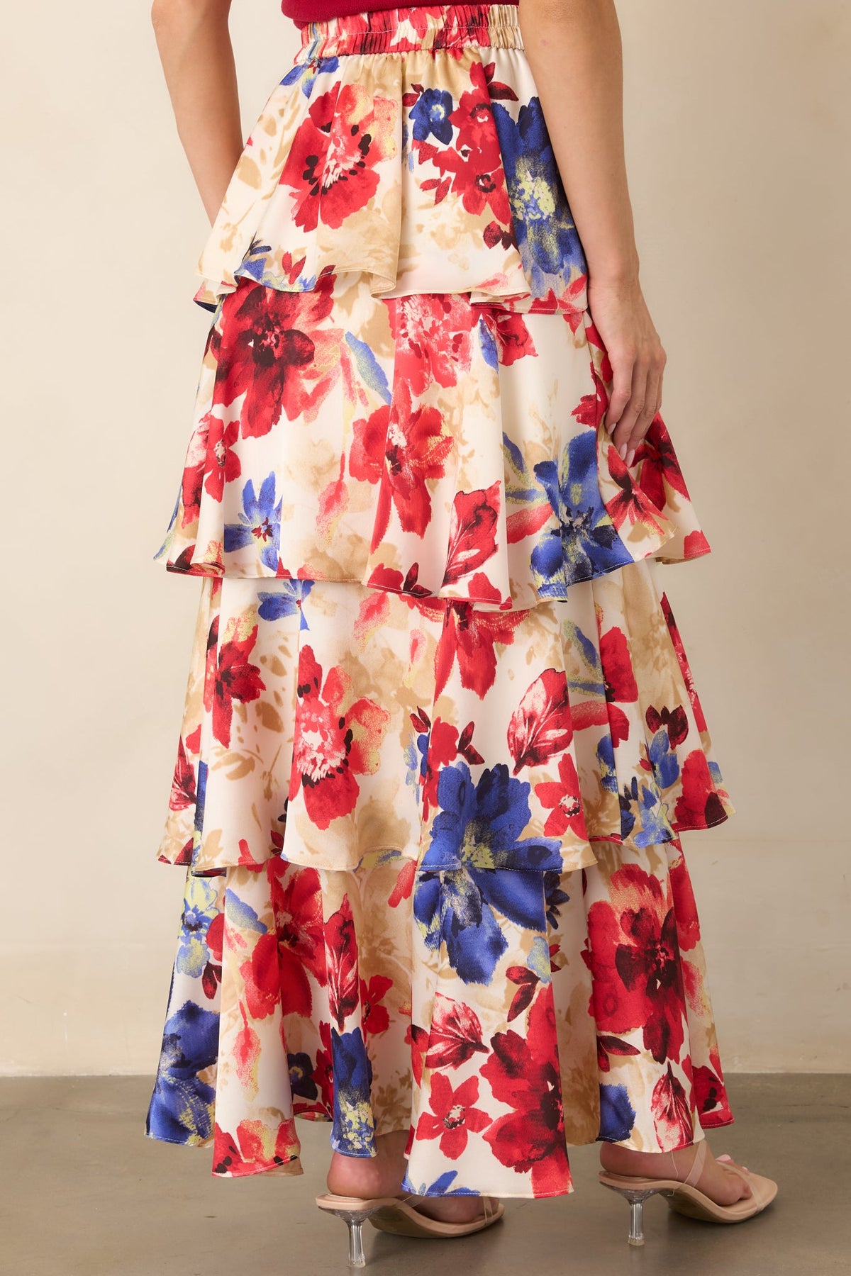 Flourish and Flow Ivory & Red Multi Floral Print Tiered Maxi Skirt