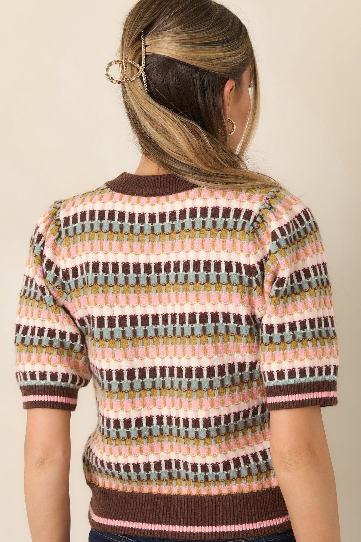 Making the Grade Brown Multi Short Sleeve Knit Sweater
