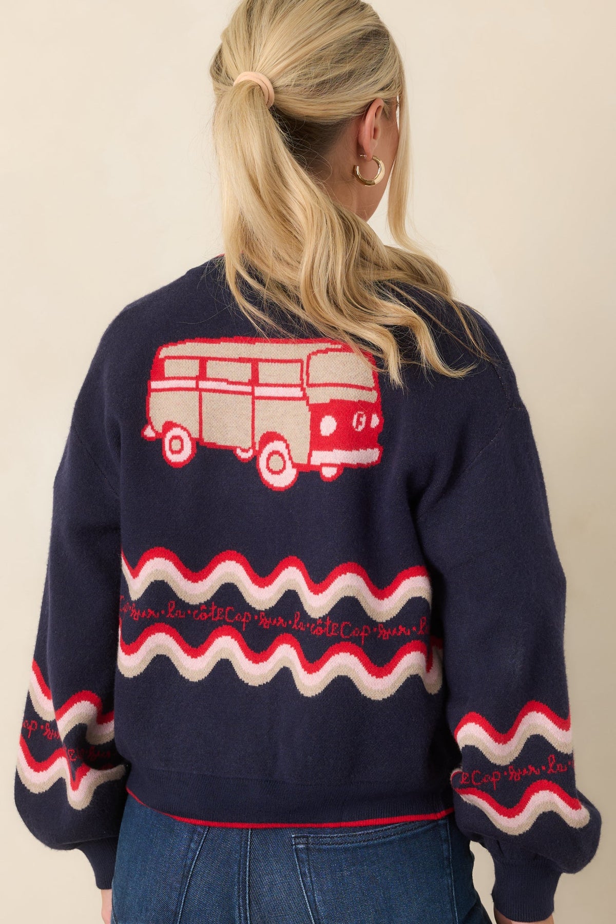 FRNCH Roadtrip Navy Contrast Wave Knit Cardigan
