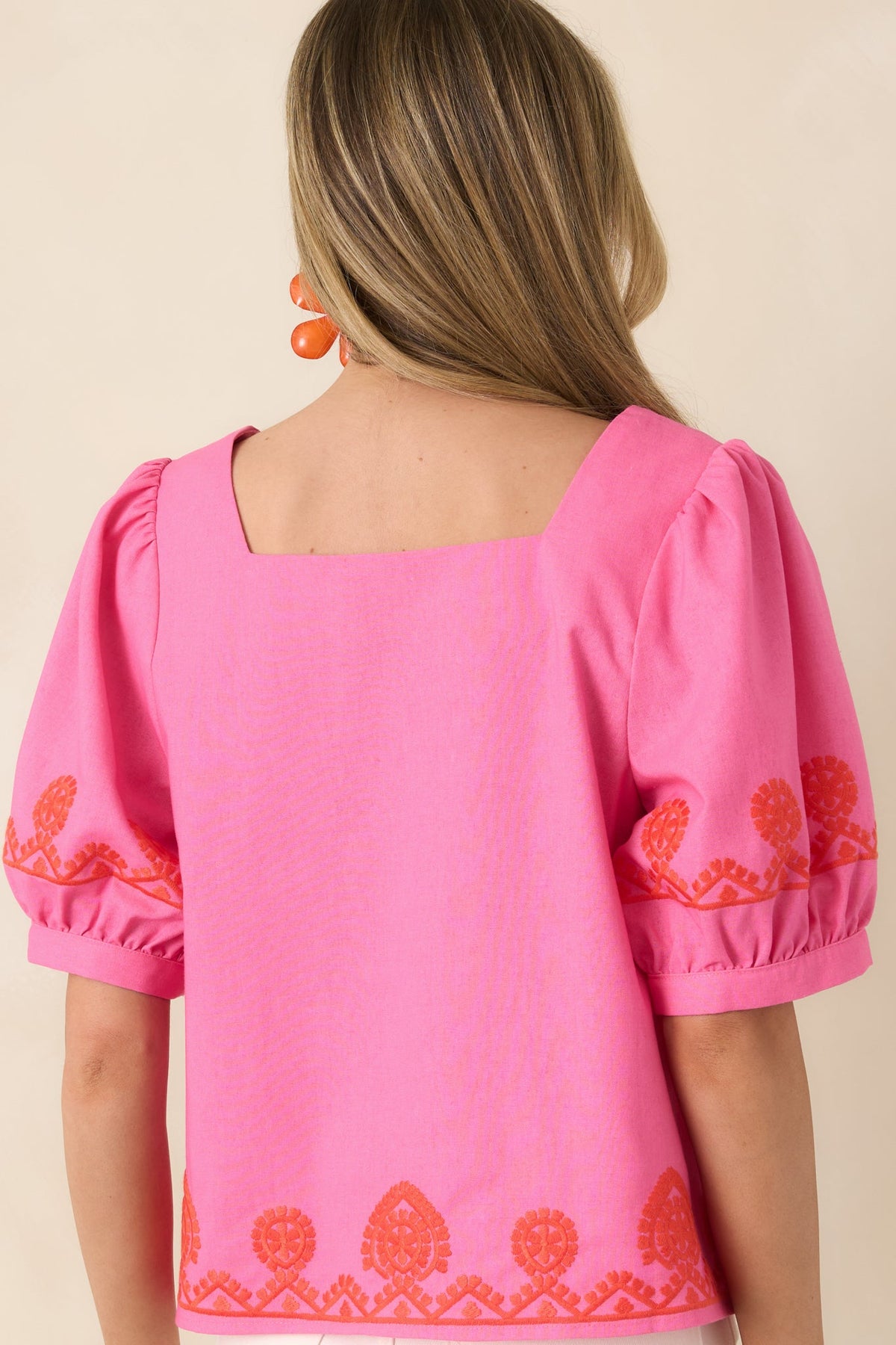 Cute With a Kick Pink & Poppy Red Contrast Embroidered Top