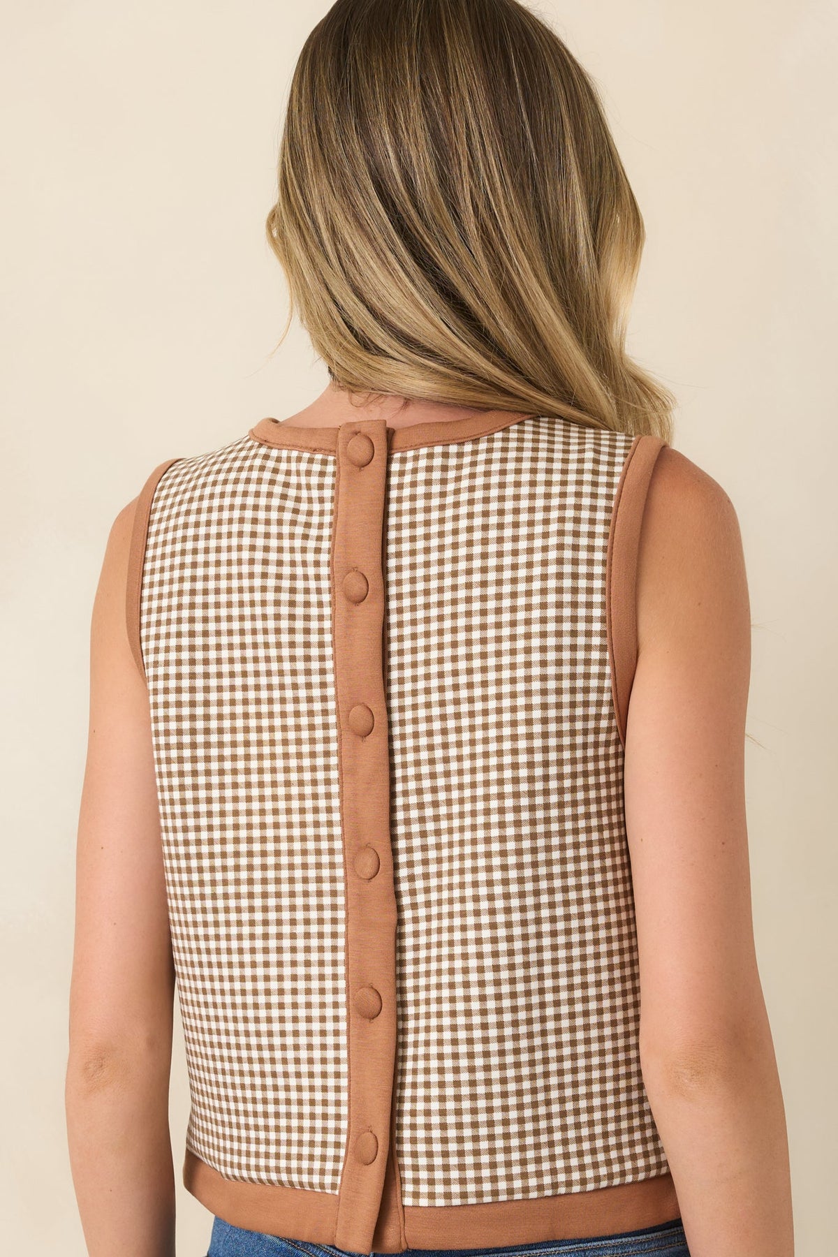 Check the Agenda Camel Gingham Contrast Trim Sleeveless Top