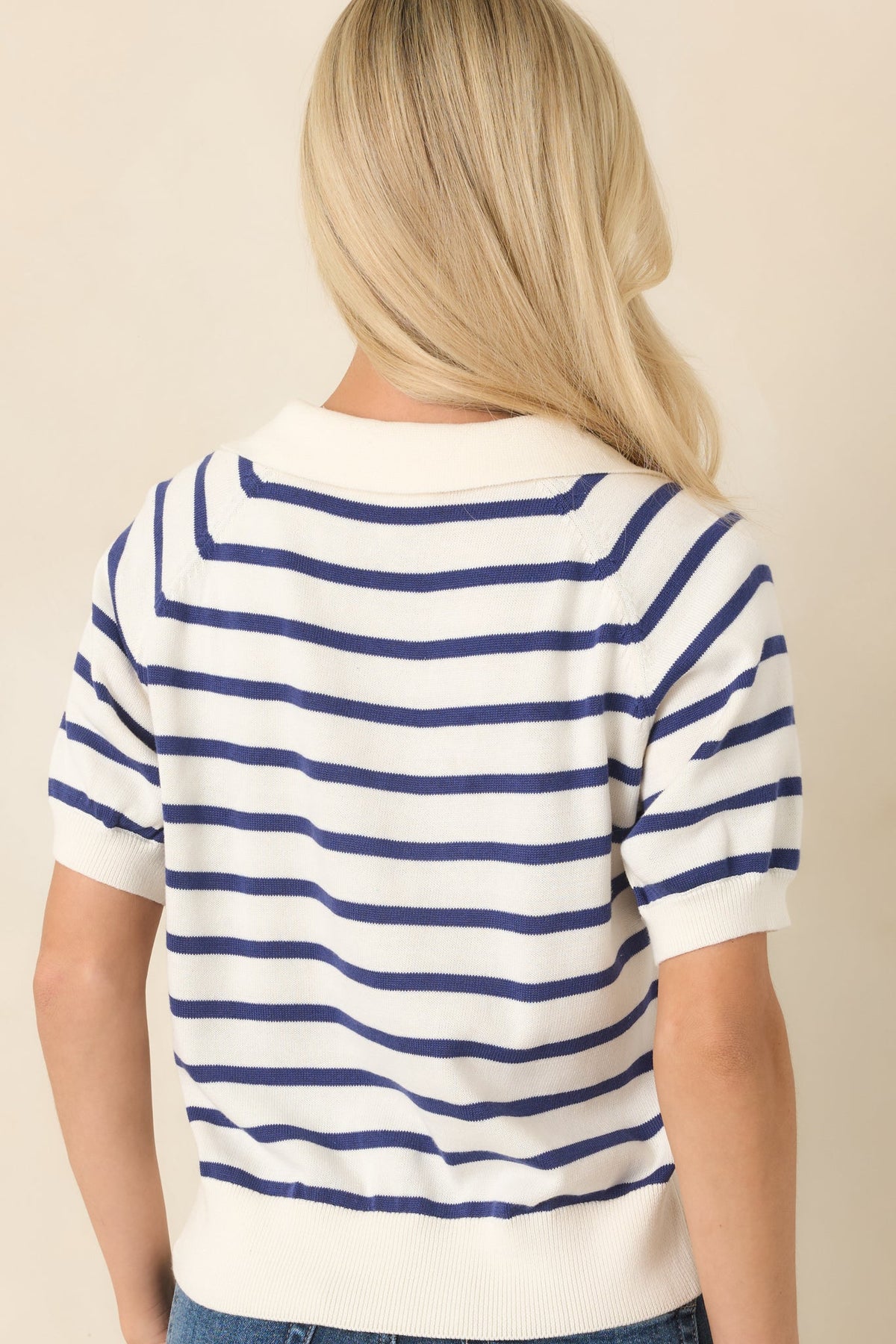Worth Repeating Ivory & Navy Striped Knit Polo Top