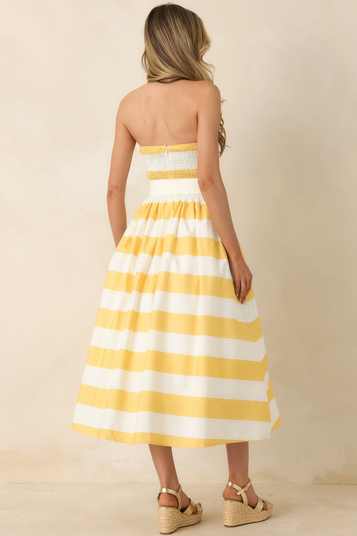 The Amanda Yellow & White Stripe Cotton Strapless Midi Dress
