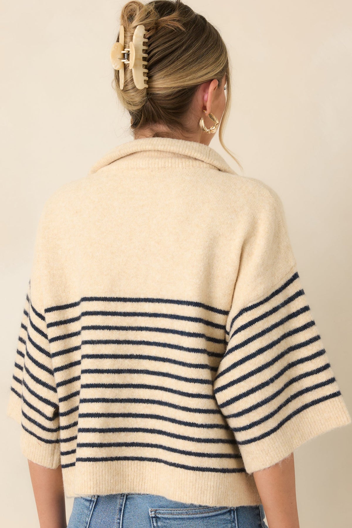 A Softer Approach Ecru & Navy Stripe Collared Knit Top