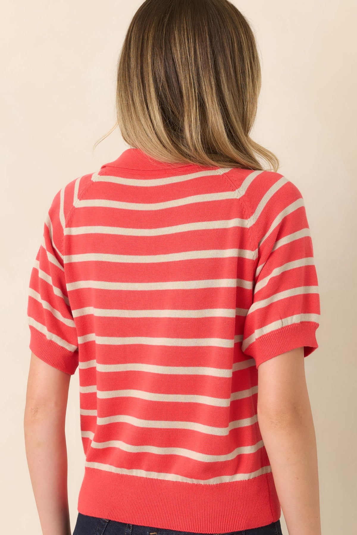 Worth Repeating Coral Red & Beige Striped Knit Polo Top